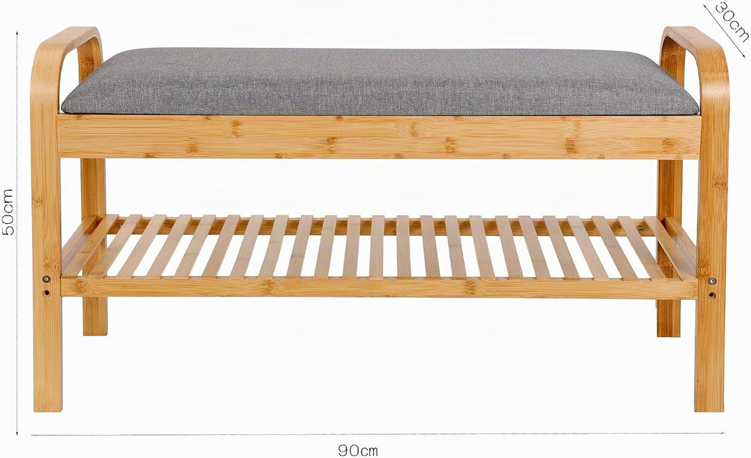 Lumaland Schuhregal aus Bambus mit Sitzbank + 1 Ebene - 90x50x30 cm Grau 2 Etagen (90 x 50 x 30 cm),