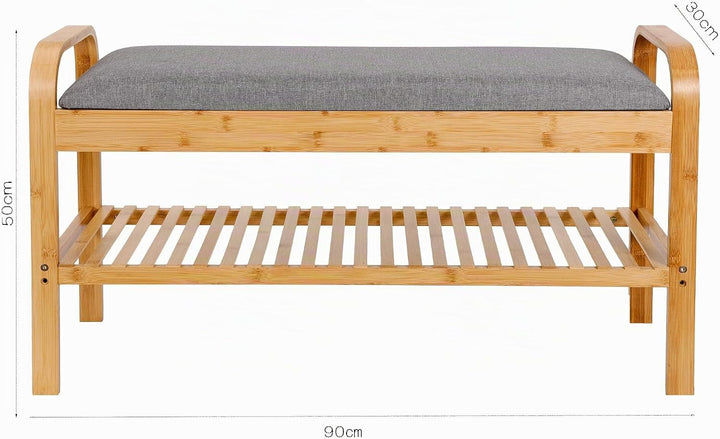 Lumaland Schuhregal aus Bambus mit Sitzbank + 1 Ebene - 90x50x30 cm Grau 2 Etagen (90 x 50 x 30 cm),
