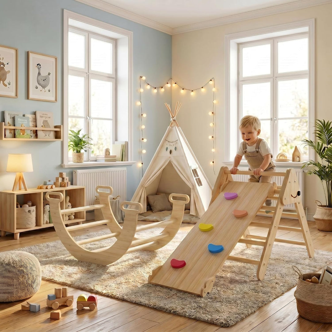 ACXIN 3-in-1 Montessori Klettergerüst Indoor für Kinder mit Kletterdreieck und Kletterbogen, Indoor