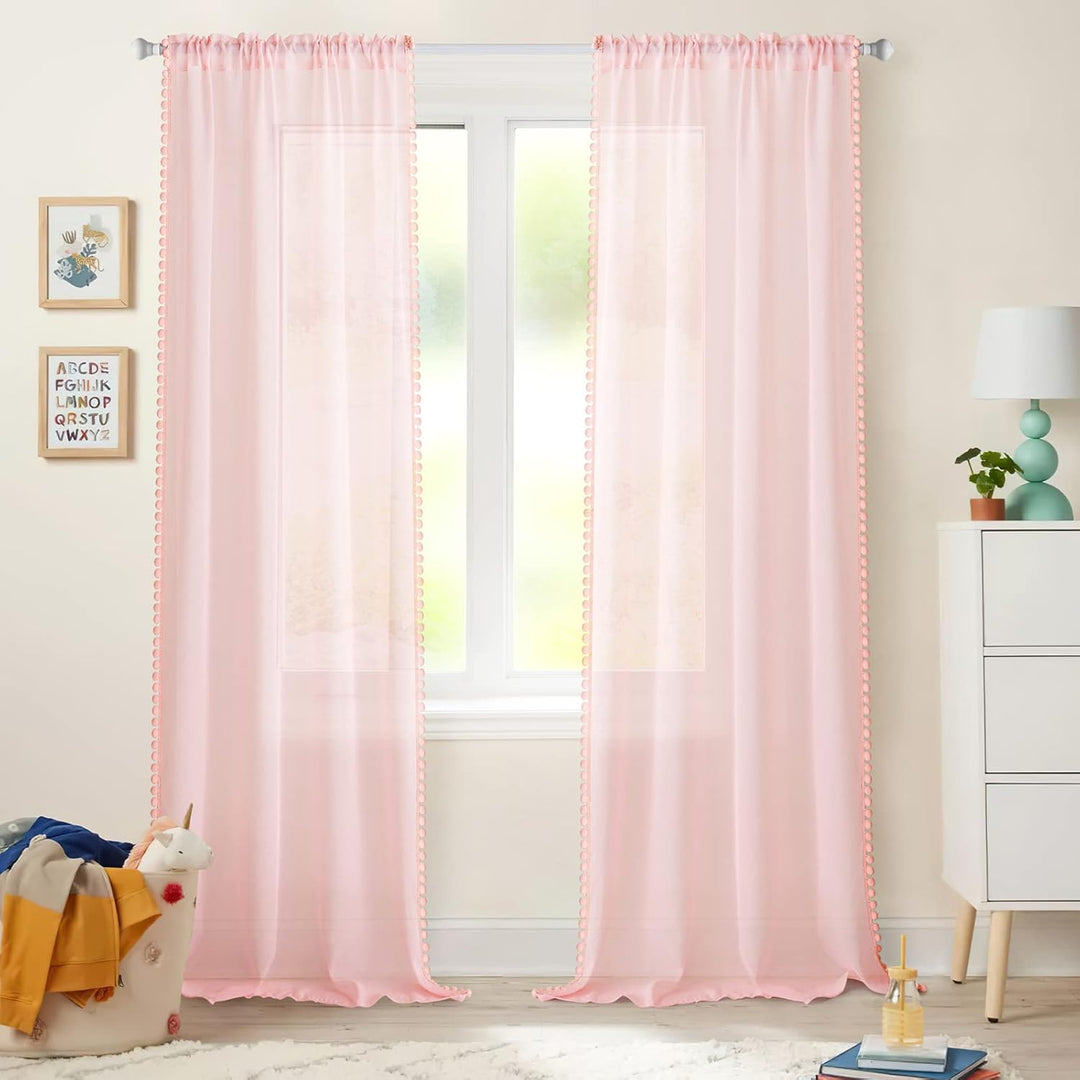 MIULEE Gardinen mit Pompons-Hübsche Korallenrosa Transparent Gardinen für Kinderzimmer Mädchen, 2 St
