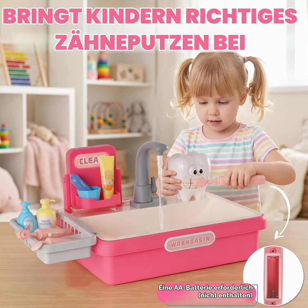 Waschbecken Kinder mit Wasserfunktion, Spielzeug Zähne, Zahnbürsten, Rosa, Rosa