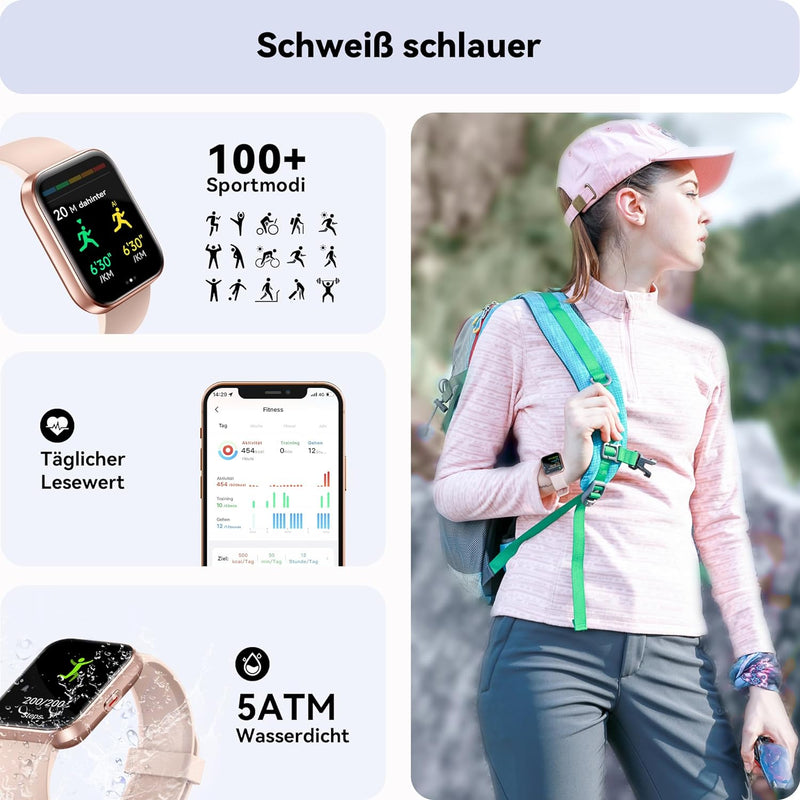 Smartwatch damen mit Telefonfunktion, 1,69" schrittzähler uhr damen mit grossem Farbdisplay, Alexa e