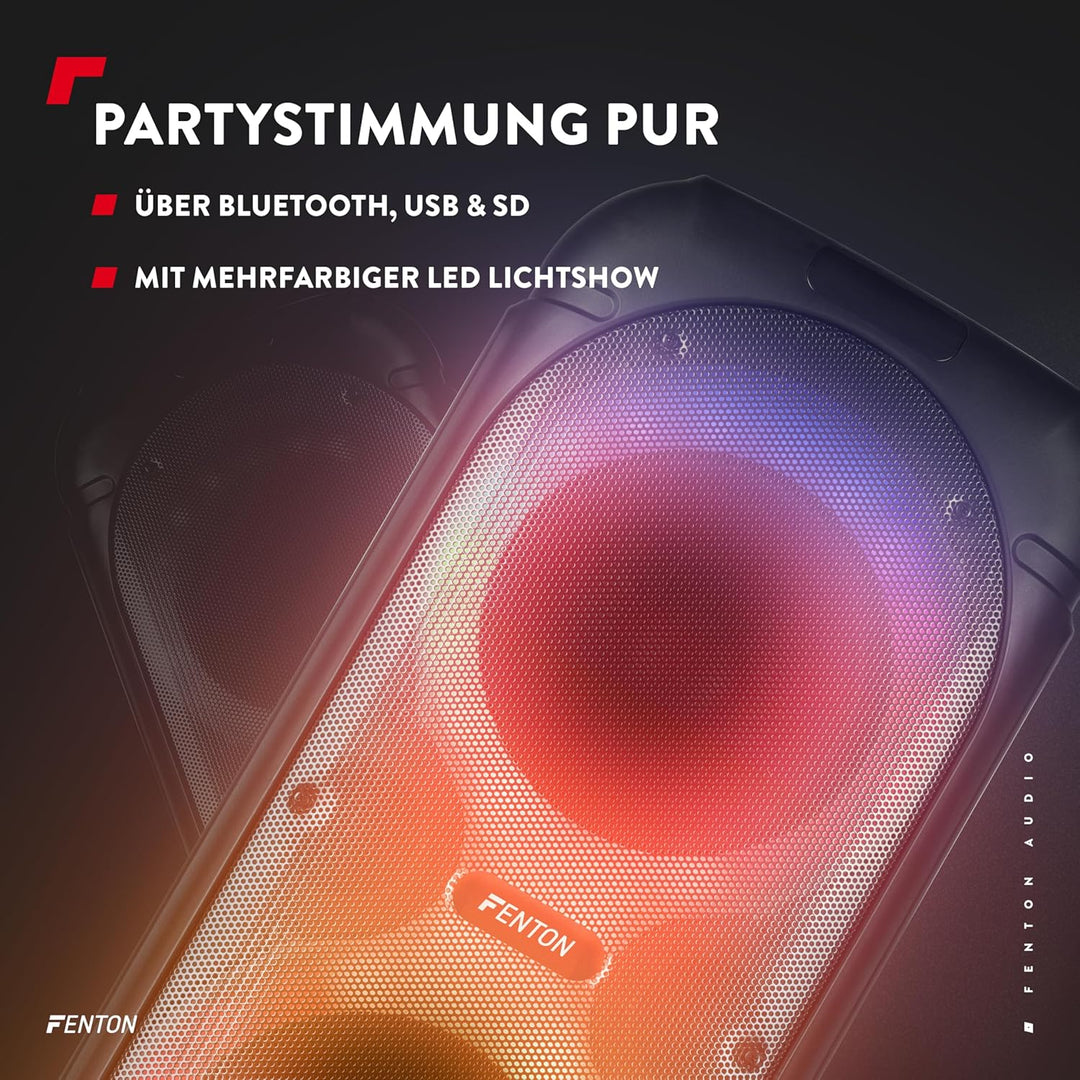 Fenton Track510 Musikbox Bluetooth Gross mit LED 160W, 10 Std Akku, 2 Mikrofone, Fernbedienung, Part