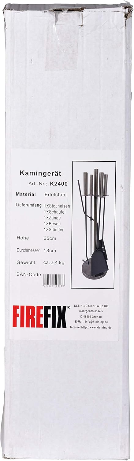 FIREFIX K2400 Kaminbesteck 5-teilig, 180 x 180 x 640 mm (BxTxH), Besteckteile grau lackiert, Ständer
