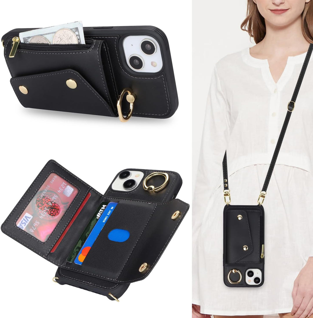 Lipvina Hülle für iPhone 15 Hülle mit Band Kartenhalter handyhülle Hülle für iPhone 15 mit Reissvers