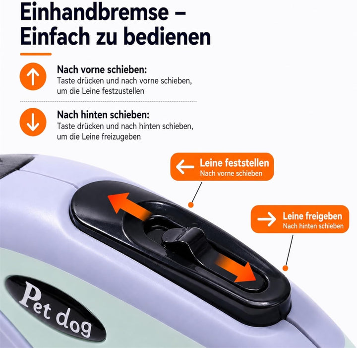 Hundeleine 5 m – Ausziehbare Rollleine mit Einhand-Bremse &amp; Komfortgriff (Hellblau), Hellblau