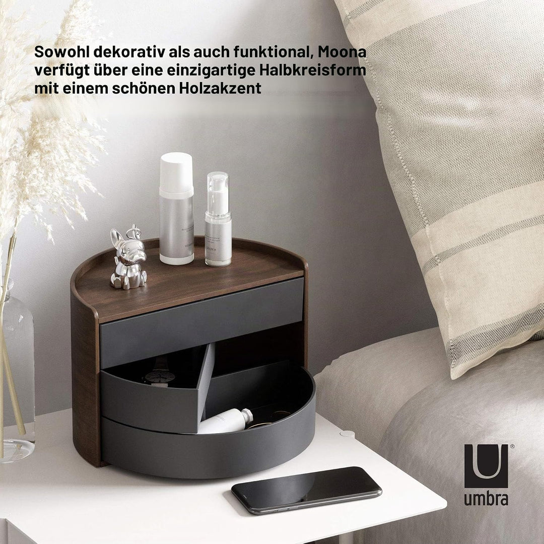 UMBRA Moona Schmuckaufbewahrung, Makeup Accessoire Organizer mit drehbaren Schubfächern, Schwarz/Wal