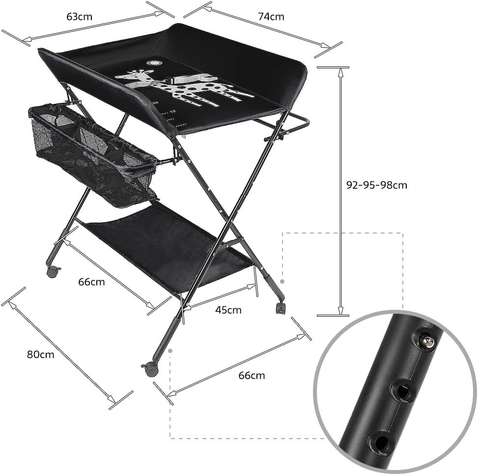 Wickeltisch klappbar, Wickelkommode mit Auflage, platzsparend & mobilSicherheitsgurt und 4 Rollen mi