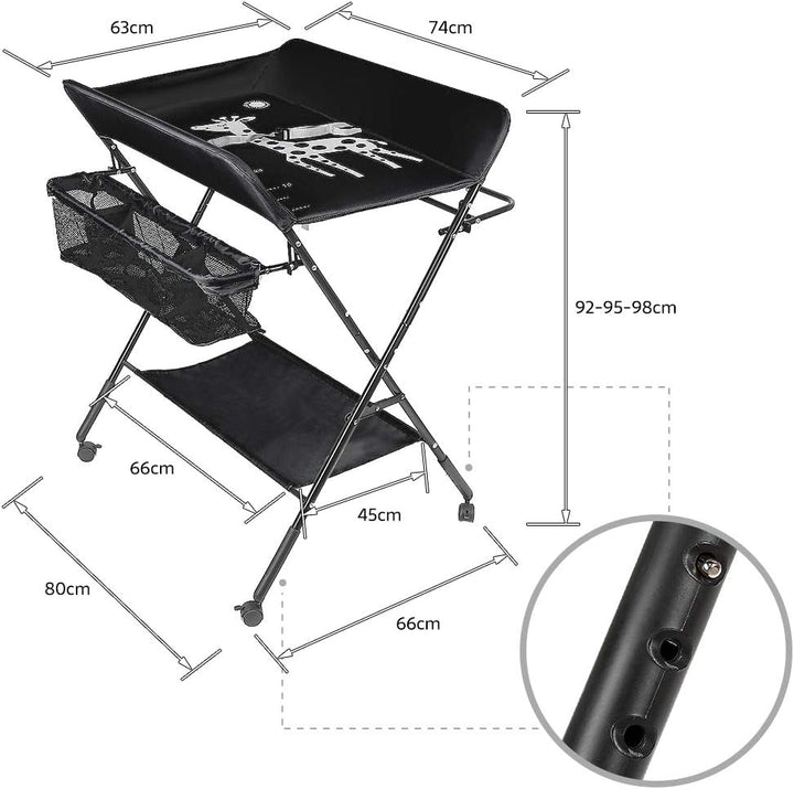 Wickeltisch klappbar, Wickelkommode mit Auflage, platzsparend & mobilSicherheitsgurt und 4 Rollen mi