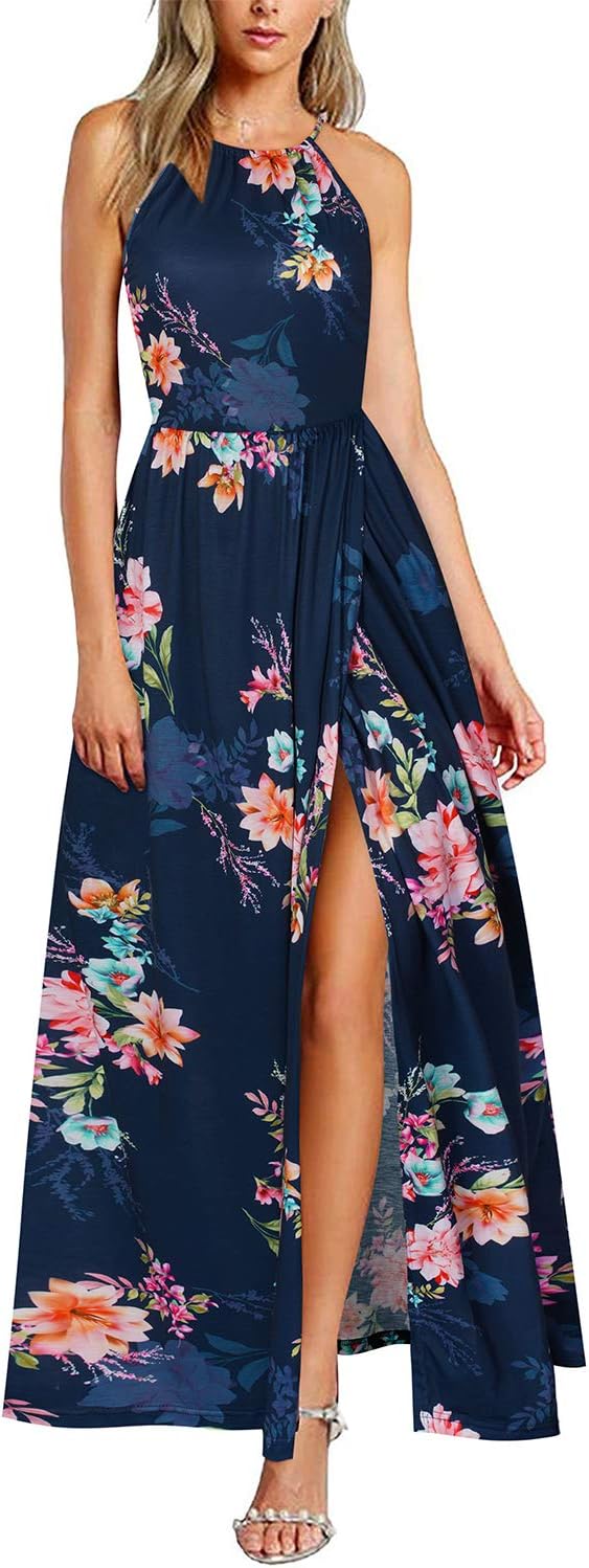 KILIG Sommerkleid Damen Lang Maxikleid Neckholder Elegant Sommer Kleid Hochzeitsgast Partykleid Schl