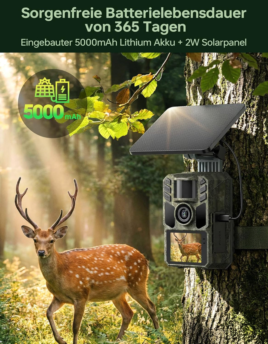 Wildkamera mit Handyübertragung App,Wildtierkamera 4K 64MP WLAN Solar mit Lithium-Batterie, Bewegung