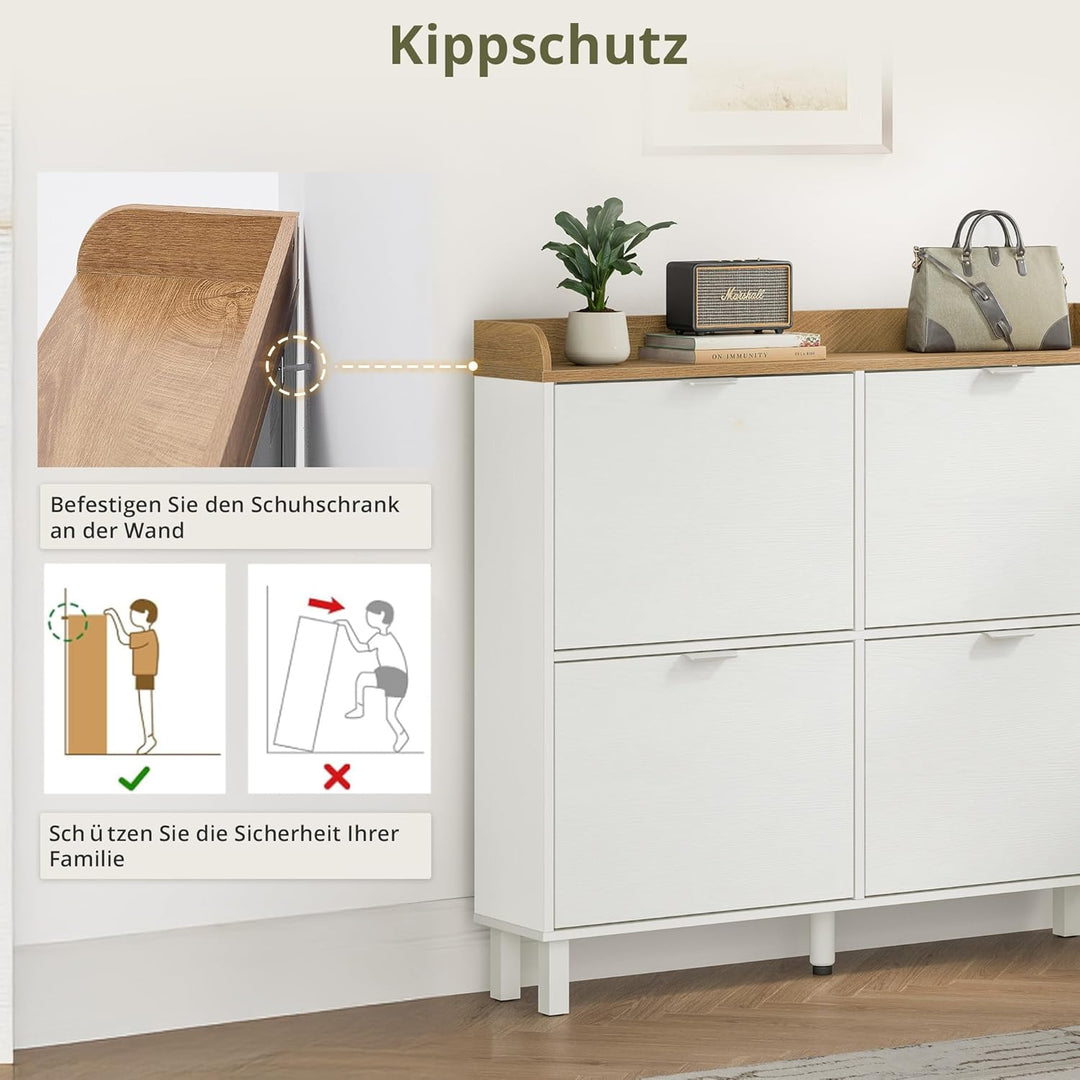 LUE BONA Schuhschrank schmal, Schuhschrank mit 4 Flip-Klappen, Schuhkipper mit Holzfüssen, Schuhrega