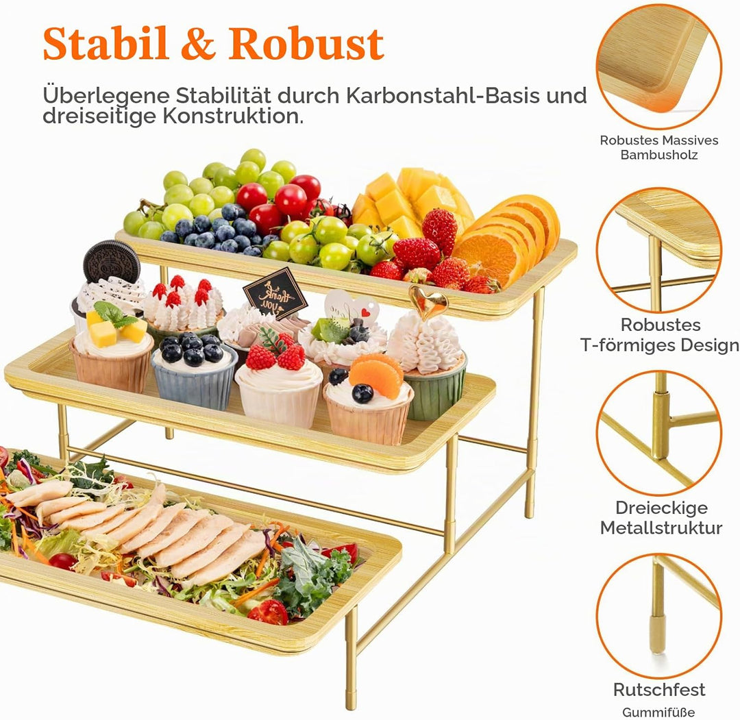 Lifewit 3 Etagen Bambus Servierplatte, 36 x 17 cm Serviertablett mit Goldener Metallständer für Part