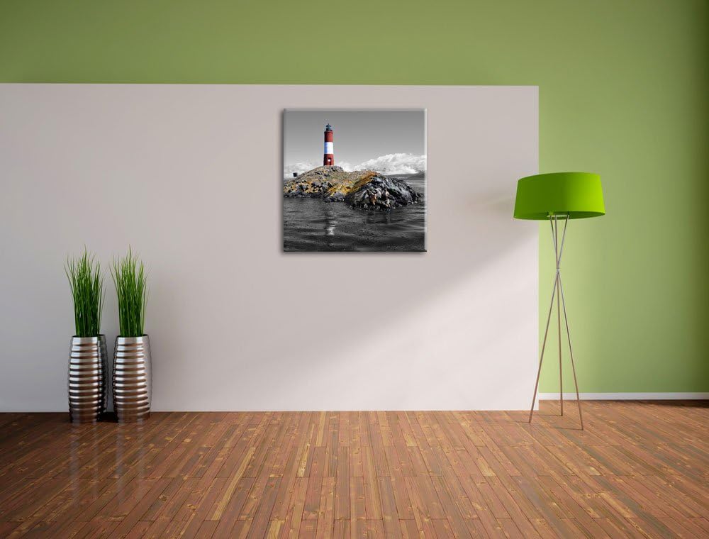 Pixxprint Leuchtturm mit Robben auf Kleiner Insel im Meer Schwarz/Weiss, Format: 70x70 auf Leinwand,