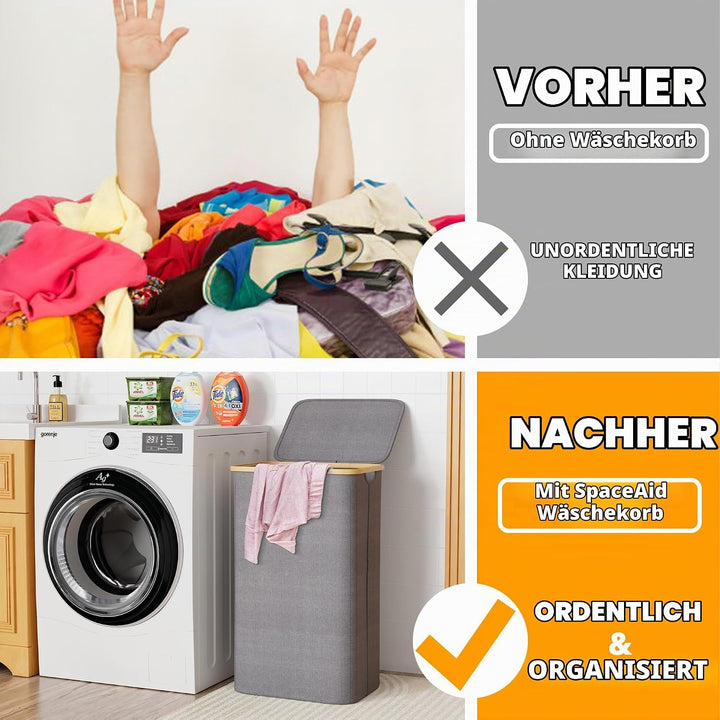 SpaceAid Wäschekorb mit Deckel 110L, Grosser Hoher Wäschekorb Faltbar mit Bambusgriffen für Schlafzi