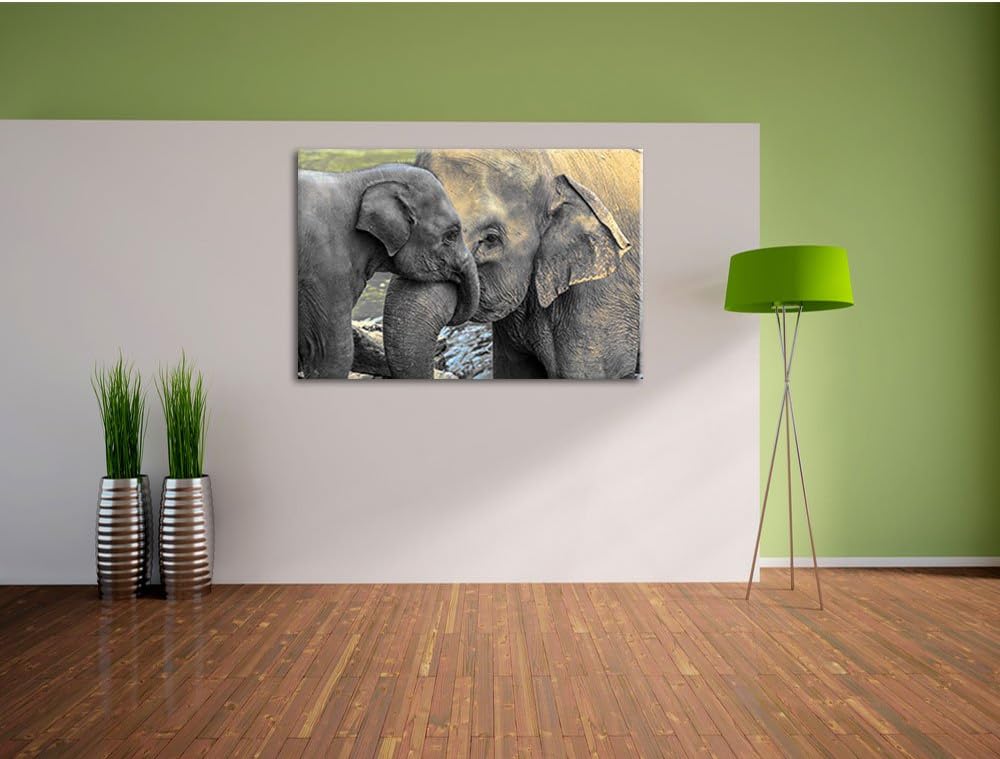 Pixxprint Elefantenmutter mit Kalb / 100x70cm Leinwandbild bespannt auf Holzrahmen/Wandbild Kunstdru