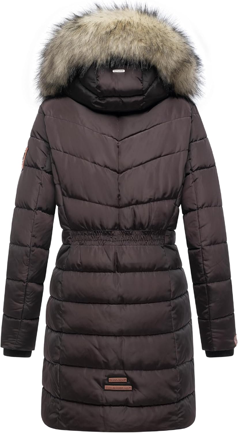 Navahoo Damen Wintermantel warmer Steppmantel lang mit abnehmbarer Kunstfell-Kapuze Paula XS-5XL S C