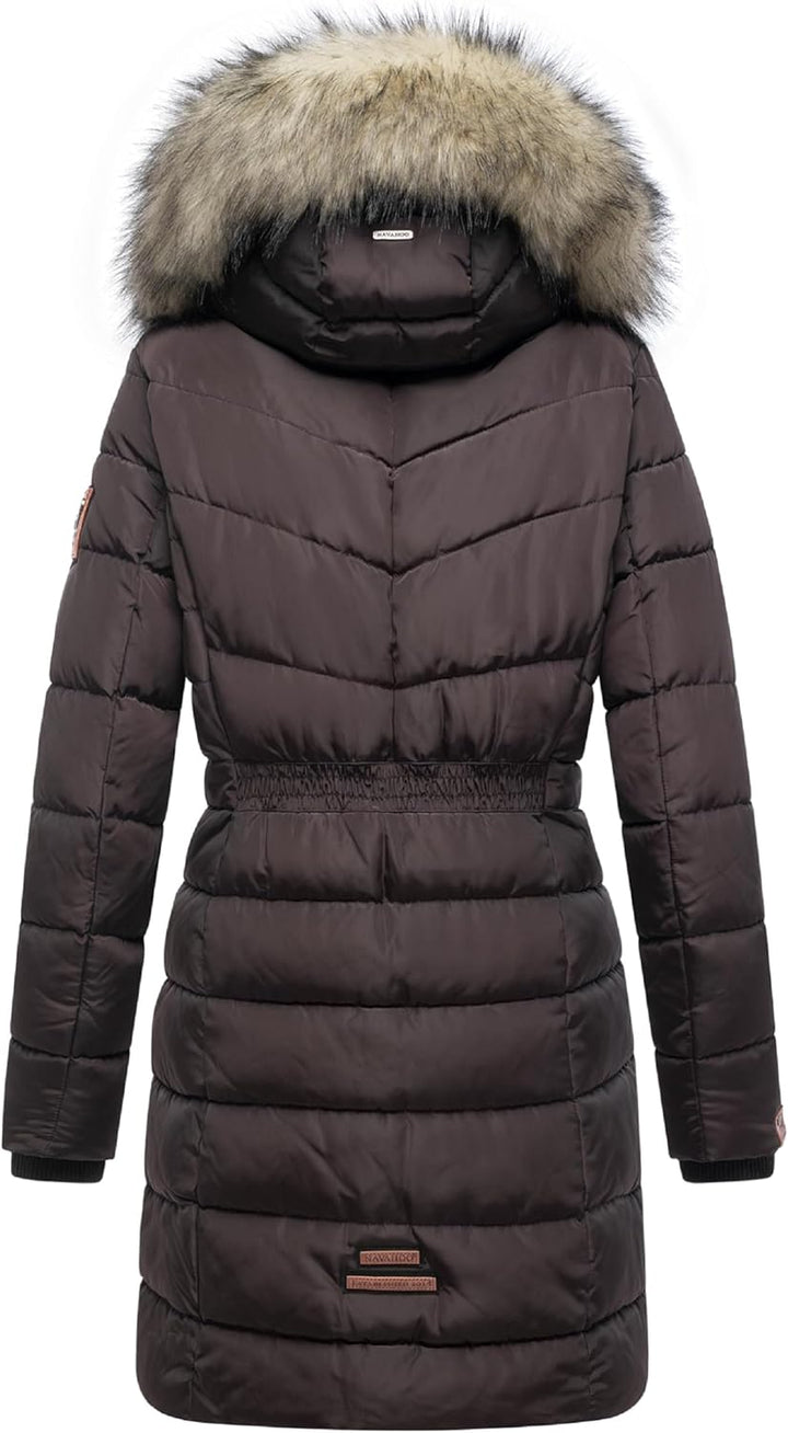 Navahoo Damen Wintermantel warmer Steppmantel lang mit abnehmbarer Kunstfell-Kapuze Paula XS-5XL S C