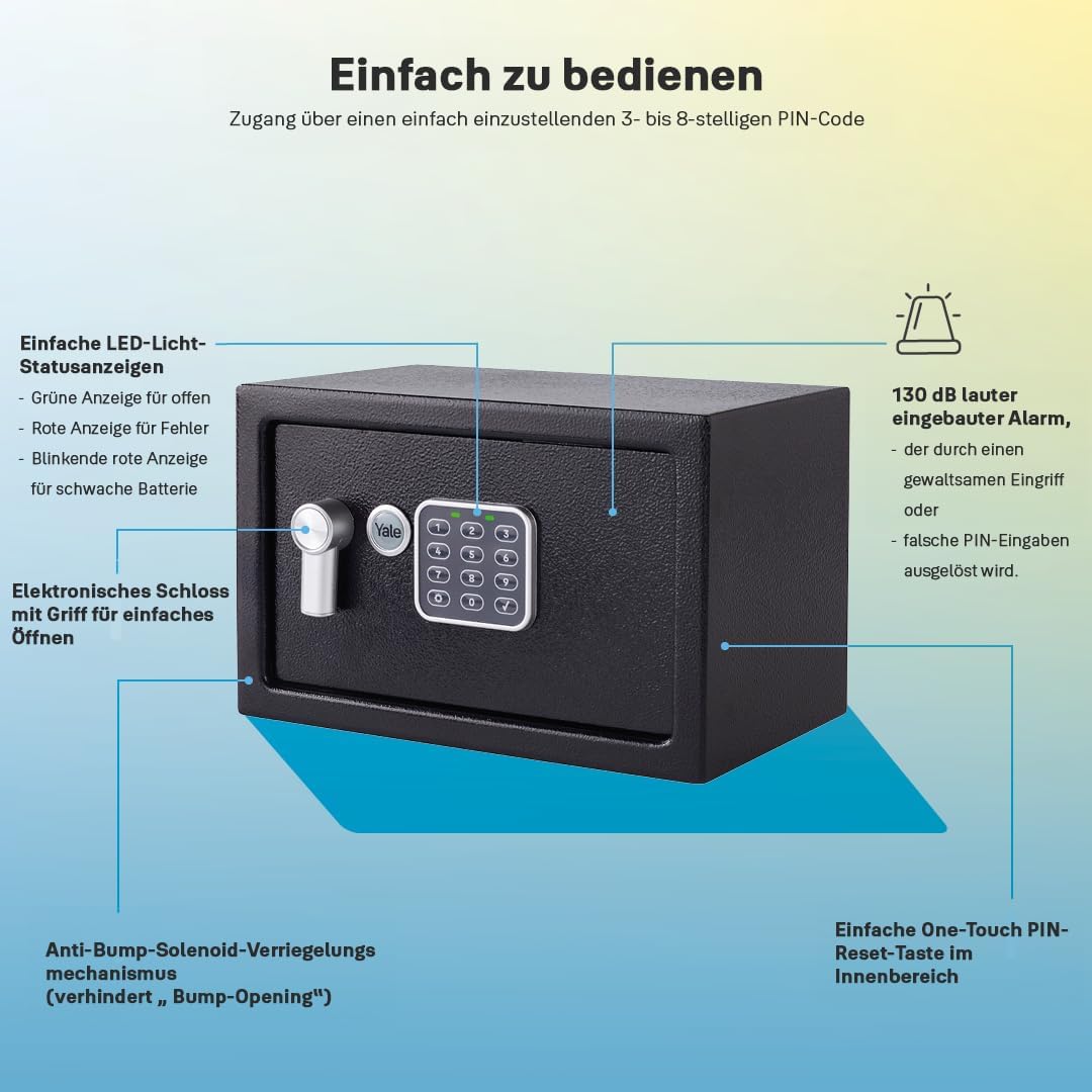 Yale Elektronischer Tresor mit Alarm - Klein - YEC/200/DB2 - Standardsicherheit - Schwarz Small New