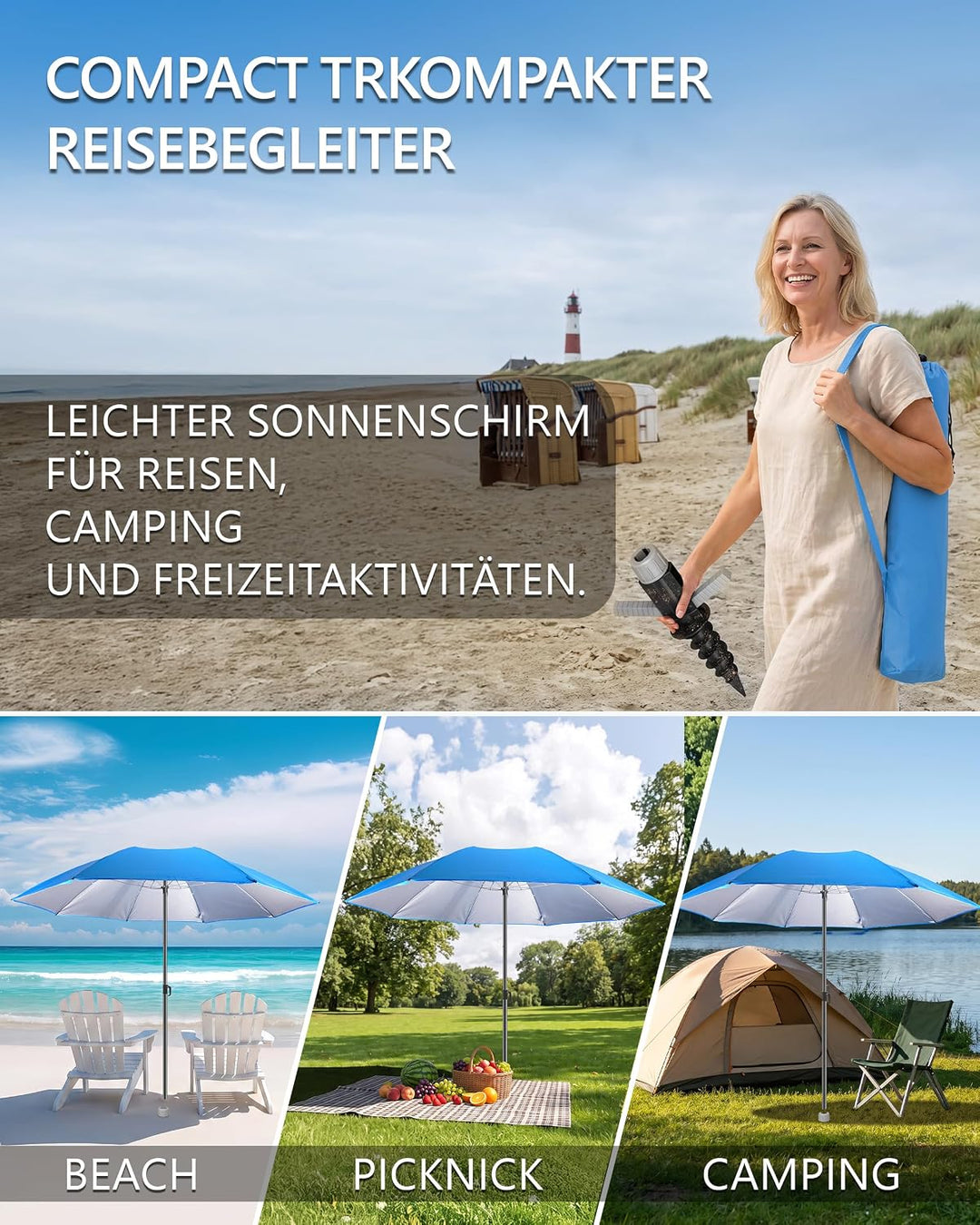 4smile Sonnenschirm Strand SunnyJoy, 3-in-1 SET, Blau - UPF 50+ Strandschirm Ø 180 cm + Sonnenschirm