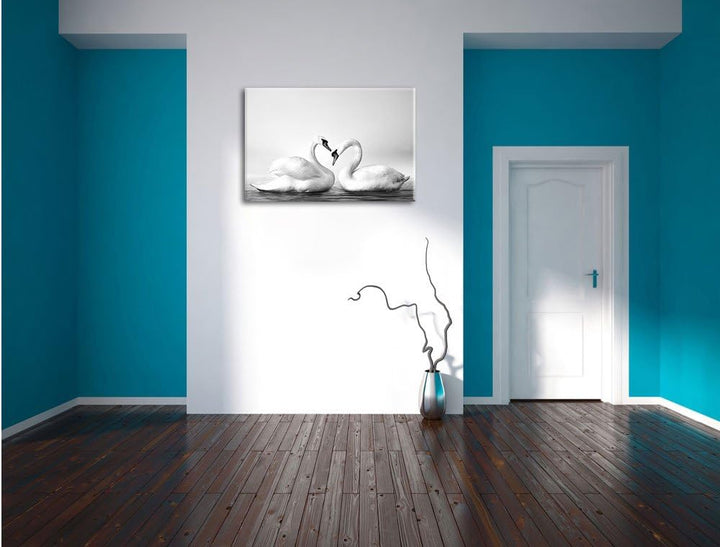 Pixxprint Zwei prächtige Schwäne auf dem Wasser Kunst B&W, Format: 100x70 auf Leinwand, 100x70