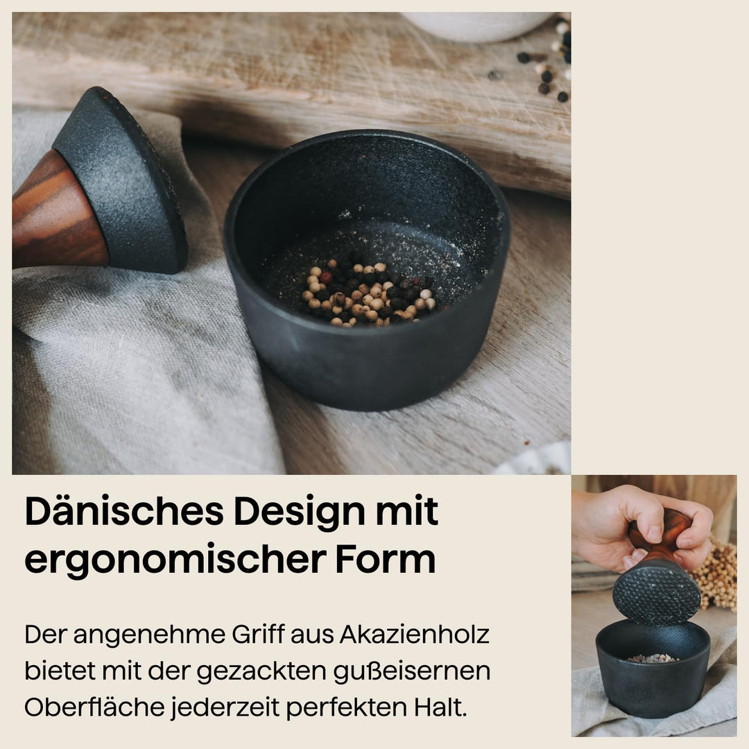 Crushgrind Kiruna Mörser mit Stössel | Gewürzmörser aus hochwertigem Gusseisen und Akazienholz | Zum