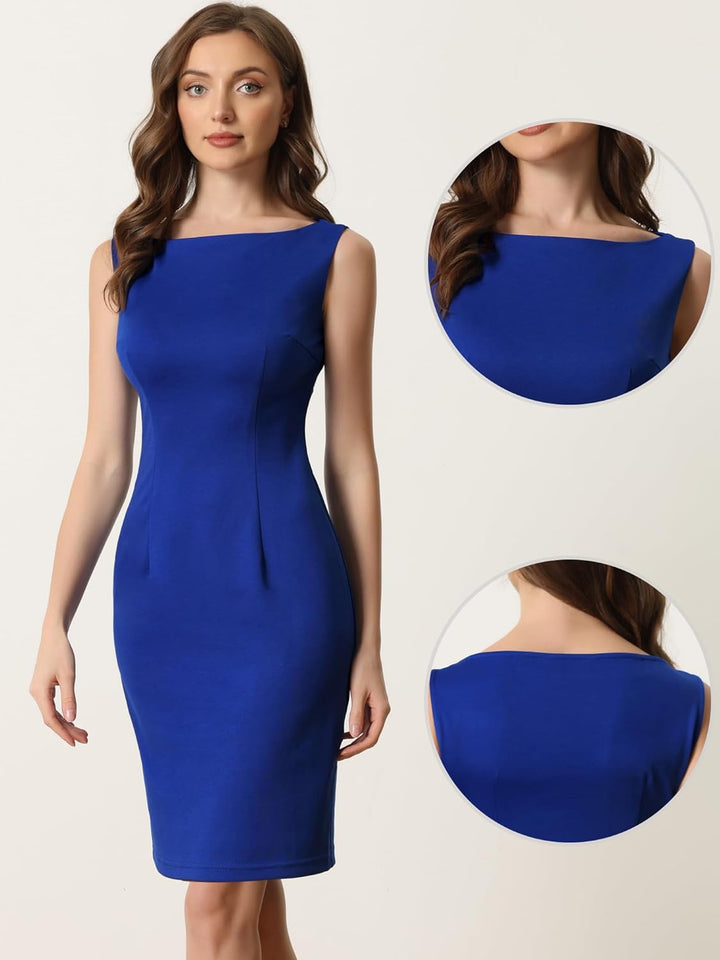 Allegra K Damen Etuikleid Ärmellos U-Boot Ausschnitt Lässig Elegant Bürokleid Kleid XS Blau, XS Blau