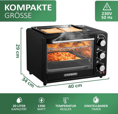 3in1 Mini Backofen 20 Liter mit Umluft inkl. Warmhalteplatte | Minibackofen | Pizza-Ofen | Krümelble