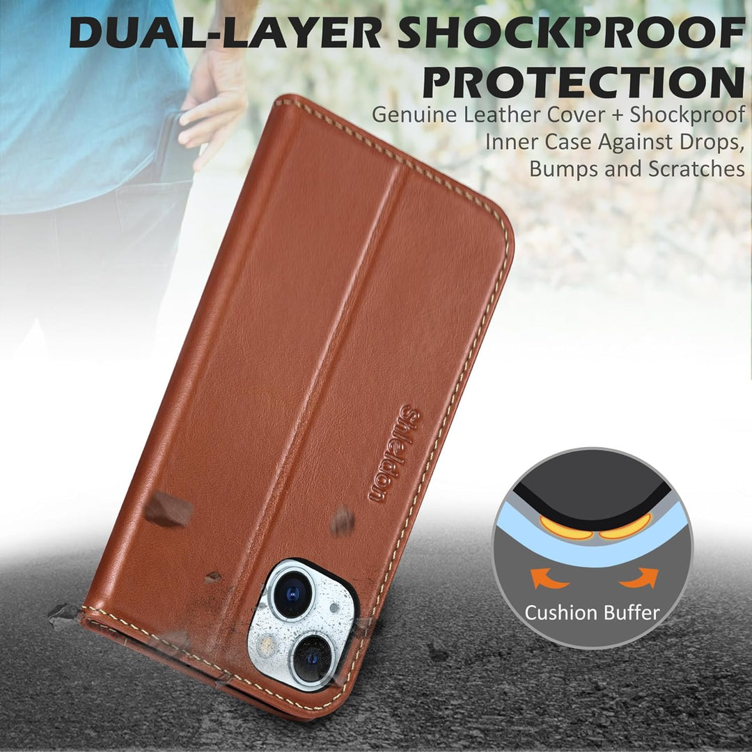 SHIELDON Hülle für iPhone 15 Plus, Handyhülle [Echtleder] [Kartenfach] [Magnet] [Standfunktion] [RFI