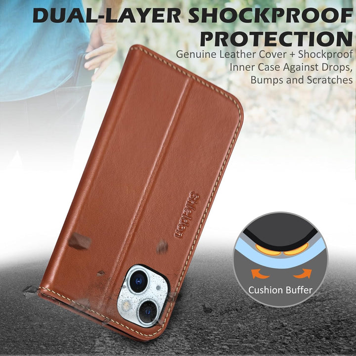 SHIELDON Hülle für iPhone 15 Plus, Handyhülle [Echtleder] [Kartenfach] [Magnet] [Standfunktion] [RFI