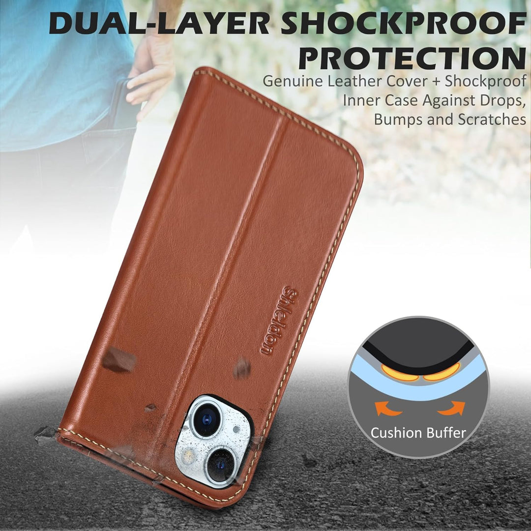 SHIELDON Hülle für iPhone 15 Plus, Handyhülle [Echtleder] [Kartenfach] [Magnet] [Standfunktion] [RFI