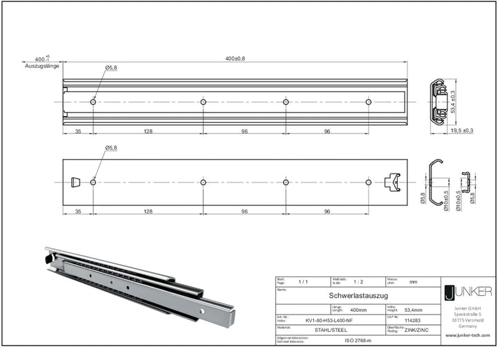 SOTECH 1 Paar Vollauszüge 114284 Höhe 53,4 mm, Länge 400 mm Kugelführungen mit 110 Kg Tragkraft Läng