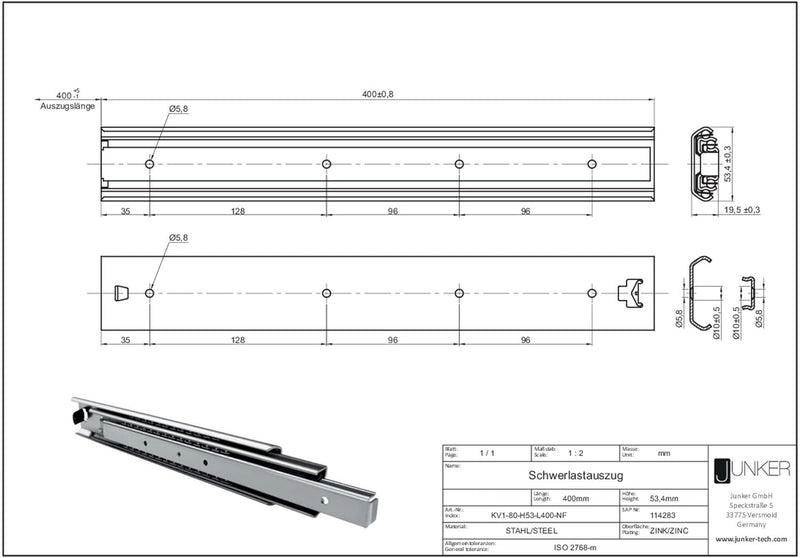 SOTECH 1 Paar Vollauszüge 114284 Höhe 53,4 mm, Länge 400 mm Kugelführungen mit 110 Kg Tragkraft Läng