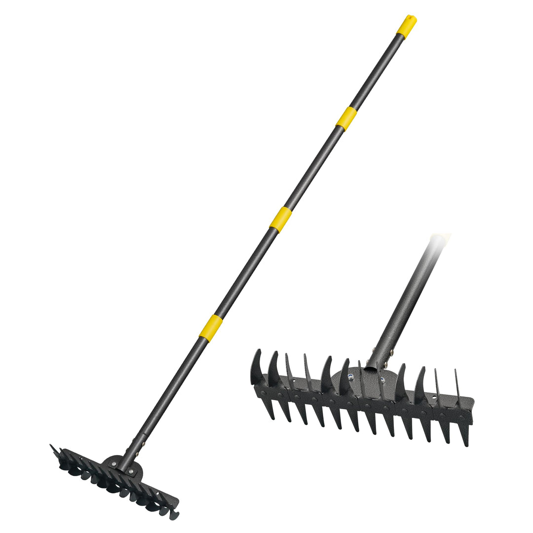 Gartenrechen, Breite Edelstahl-Rechen mit 12 Zinken, 157 cm Längenverstellbarer Rasenrechen mit Ruts