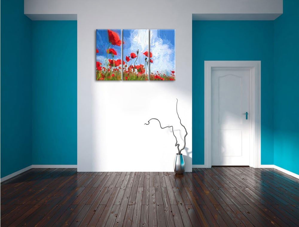 Pixxprint Mohnblumenfeld / 3-Teilig/Gesamtmass 120cm Leinwandbild bespannt auf Holzrahmen/Wandbild K