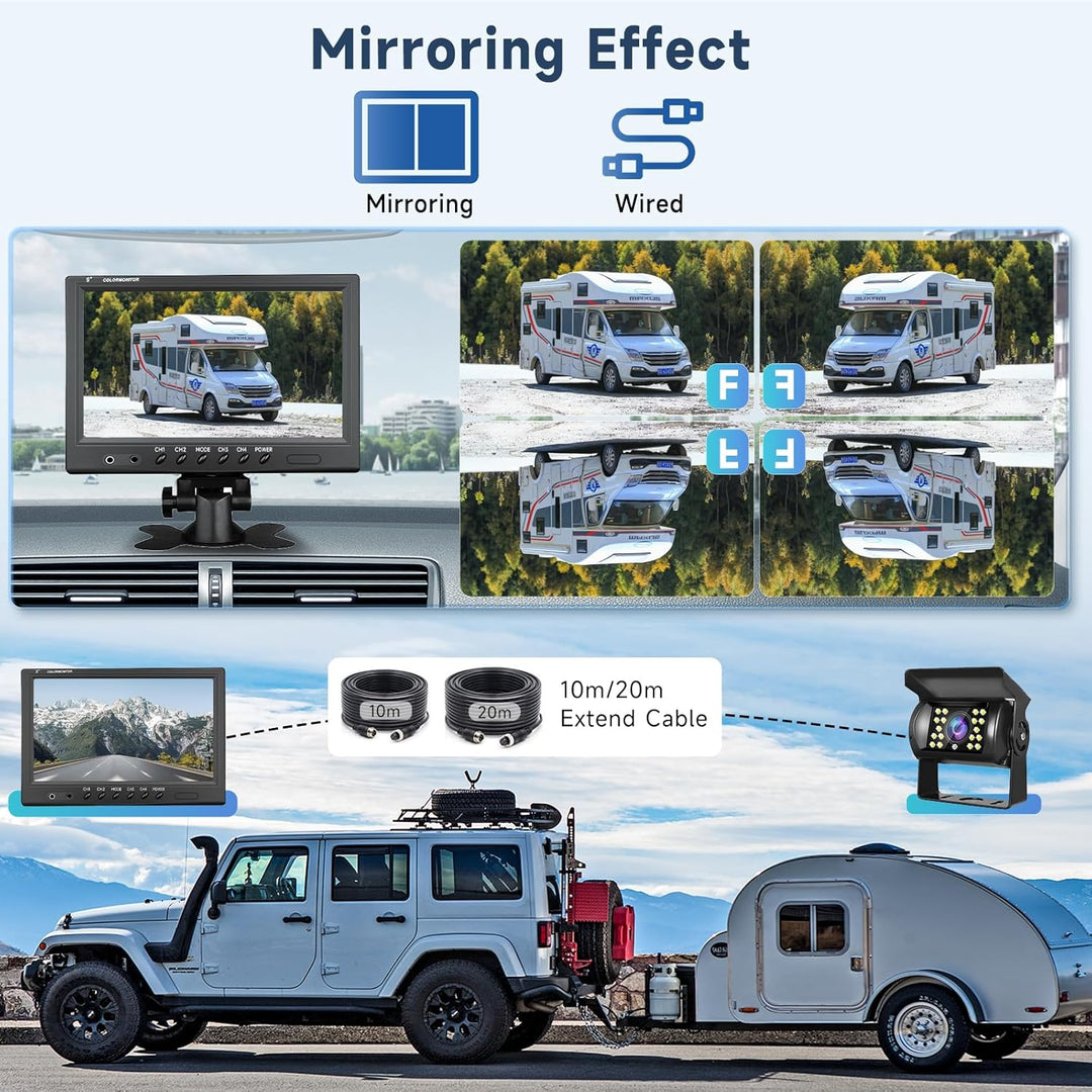 Podofo Rückfahrkamera Kabel mit Monitor 9’’ 4 Kameras Set 1/2/3/4 Geteilter Bildschirm IP68 wasserdi