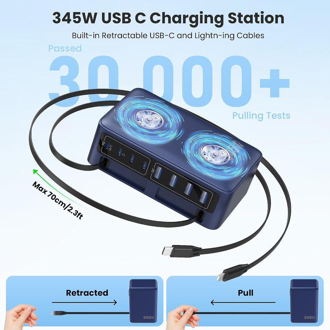 345W USB C Ladegerät Mehrfach mit Einziehbarem Ladekabel, 10-in-1 GaN VI Ladestation, PD/PPS/QC Schn