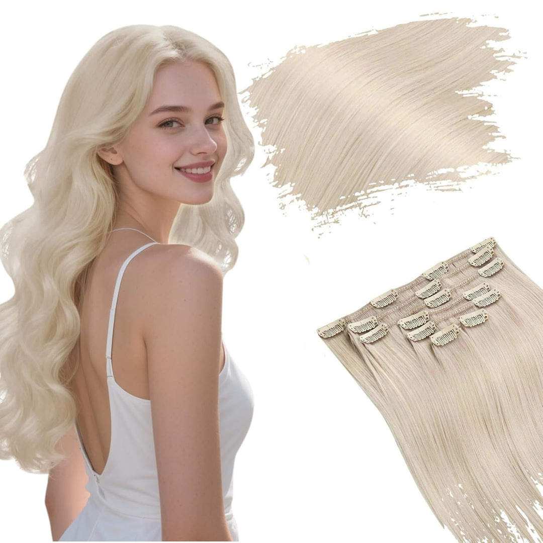 Ugeat Dicke Clip in Extensions Echthaar Weiss Blond 35cm Farbe 60A Extensions Echthaar 105Gramm Komp