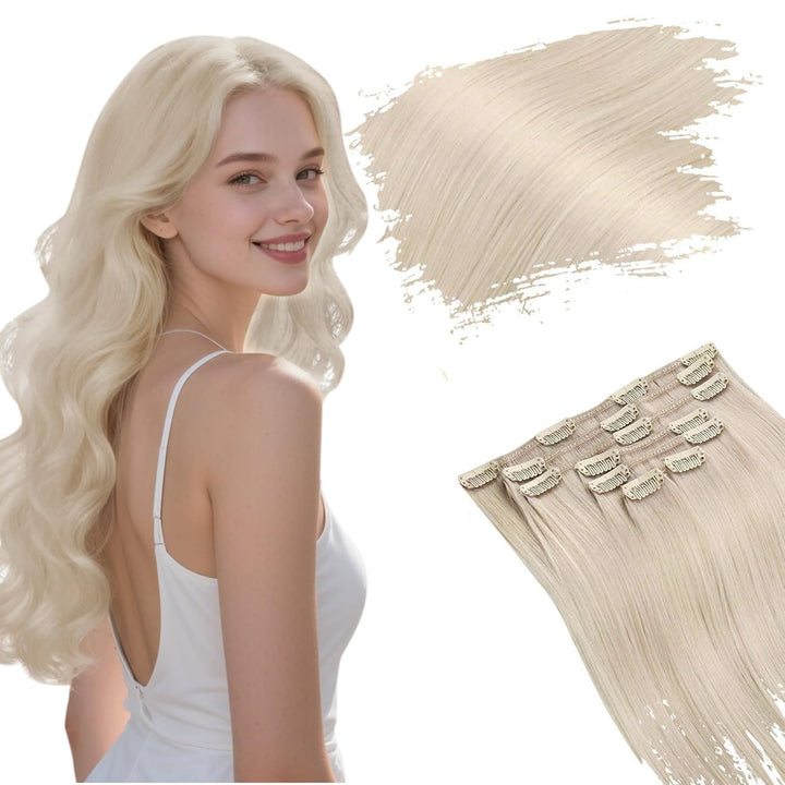 Ugeat Dicke Clip in Extensions Echthaar Weiss Blond 35cm Farbe 60A Extensions Echthaar 105Gramm Komp