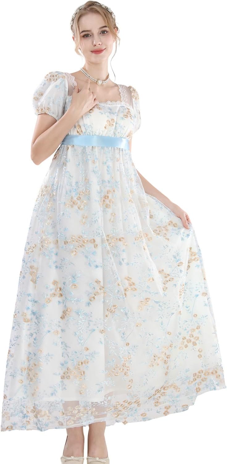CR ROLECOS Viktorianisches Kleid Damen Regency Kleid für Frauen Bridgerton Puffy Ballkleid mit Hands