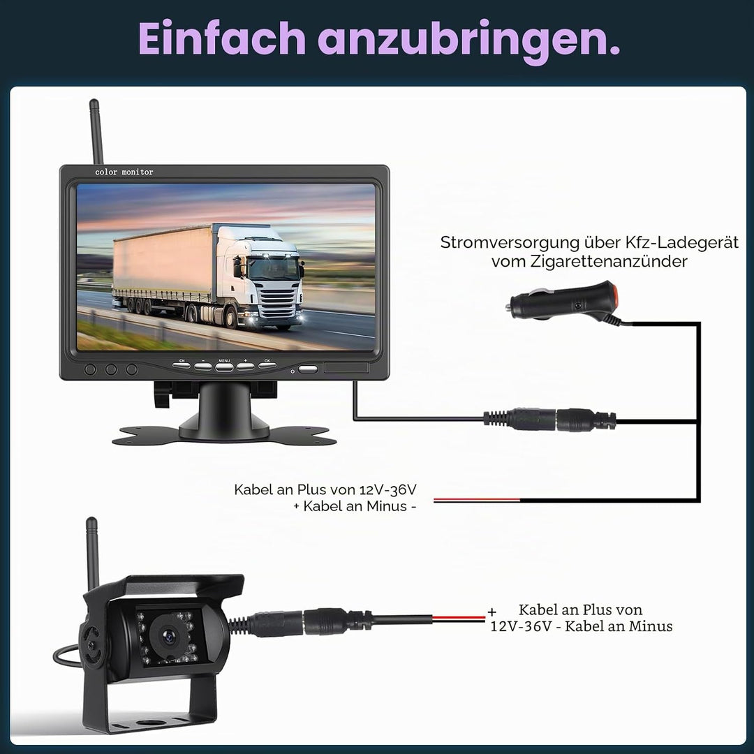 Inefala Wireless Rückfahrkamera mit 7-Zoll-HD-IPS-Monitor, Nummernschild IP69 wasserdichte Auto-Rück