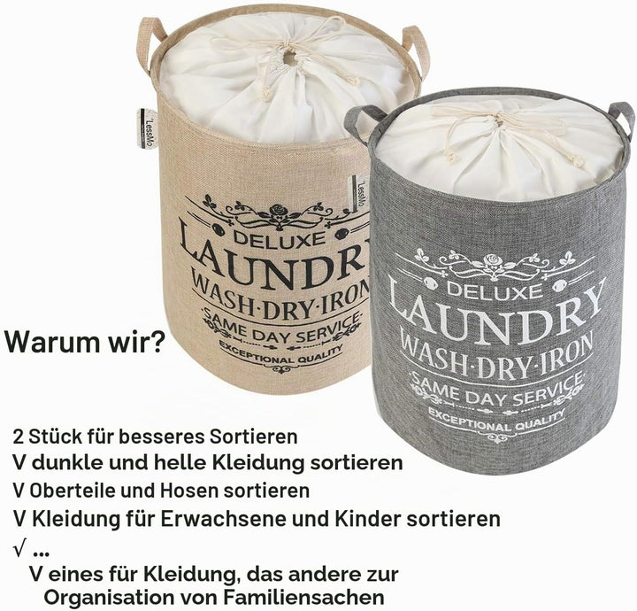 LessMo Wäschekorb, 2er 17.7" Pack Verdickte Faltbarer Runder Wäschesammler mit 2 Wäschesäcke, zusamm