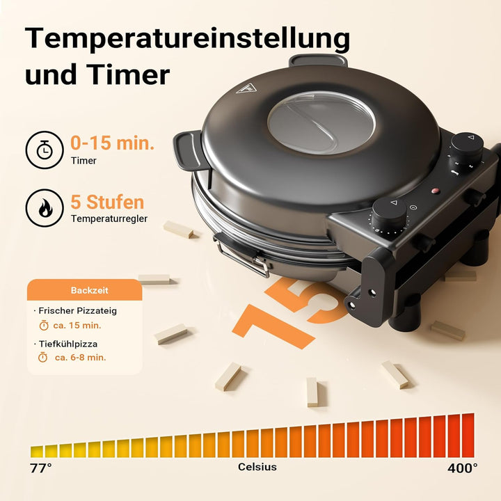 Wiltec Pizzamaker mit Keramiksteinplatte Ø32cm und Sichtfenster, Zwei Heizelemente max. 400°C, mit
