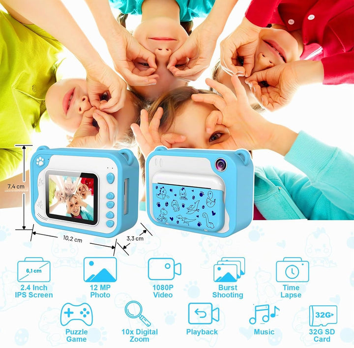 Kinderkamera Sofortbildkamera, 2.4 Zoll Bildschirm Fotoapparat Kinder, Digitalkamera 1080P mit 32G S