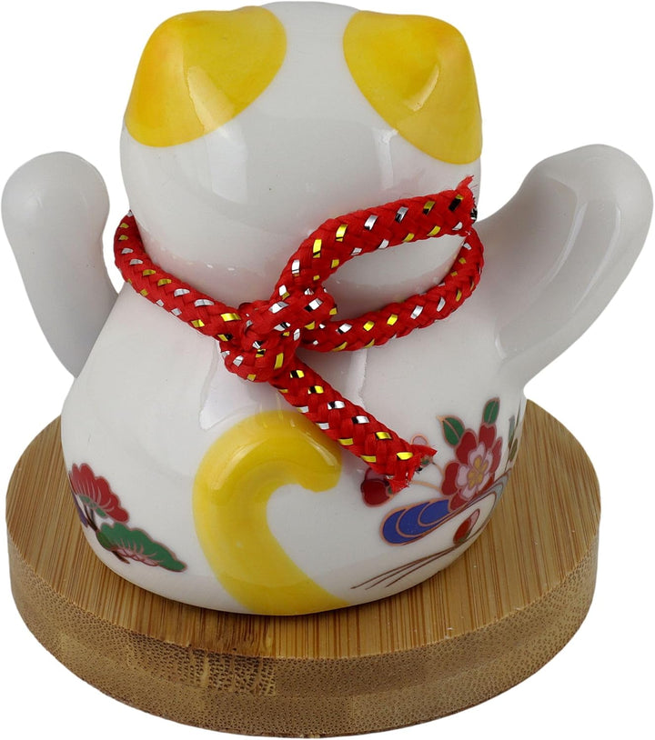 Freak Scene Glückskatze Keramik 10cm weiss Bambussockel Solar Maneki-Neko Winkekatze Lucky cat Model