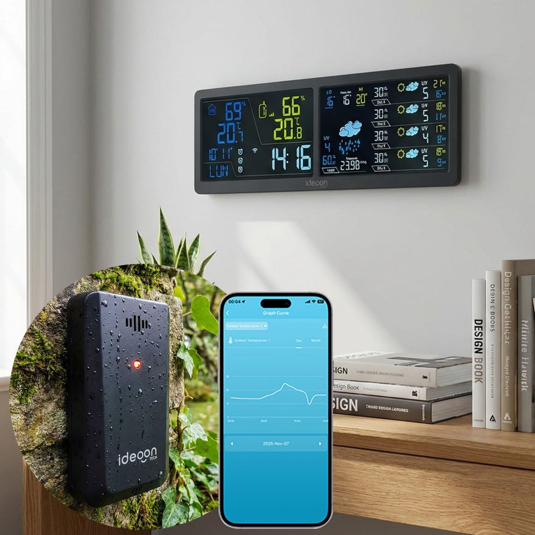 ideoon WLAN Wetterstation mit App & XXL Display: Tuya Smart Home, Aussen-Sensor, Weck-Alarm - Temper