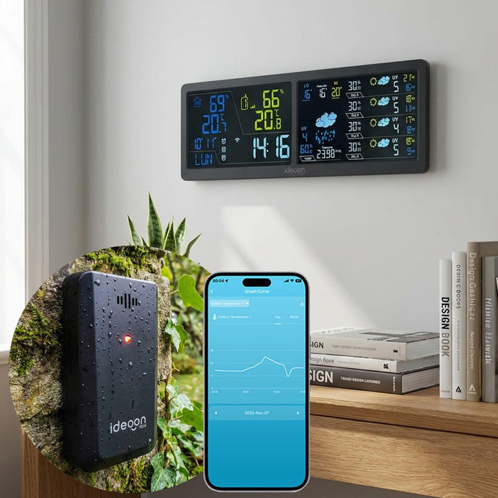ideoon WLAN Wetterstation mit App & XXL Display: Tuya Smart Home, Aussen-Sensor, Weck-Alarm - Temper