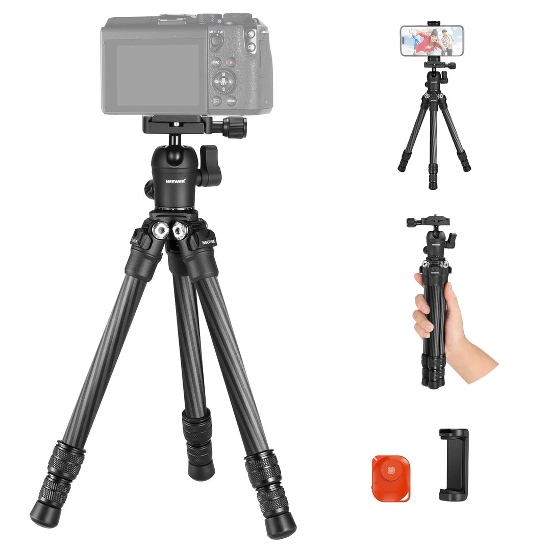NEEWER TP09 Carbon Fiber Mini Stativ, 20“ Tischstativ mit 360° Kugelkopf, Telefonhalter, Fernbedienu