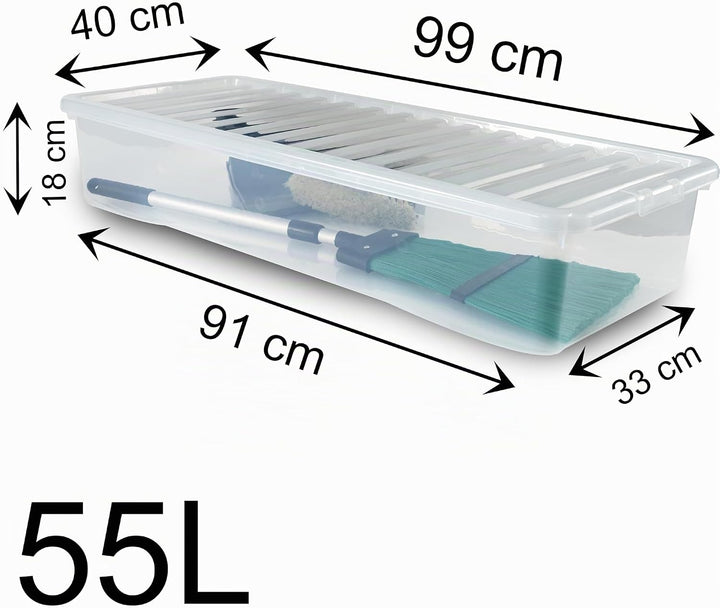 Unterbettbox mit Deckel transparent 55 Liter Stapelbar Aufbewahrungs Box Unterbett Kiste Multifunkti