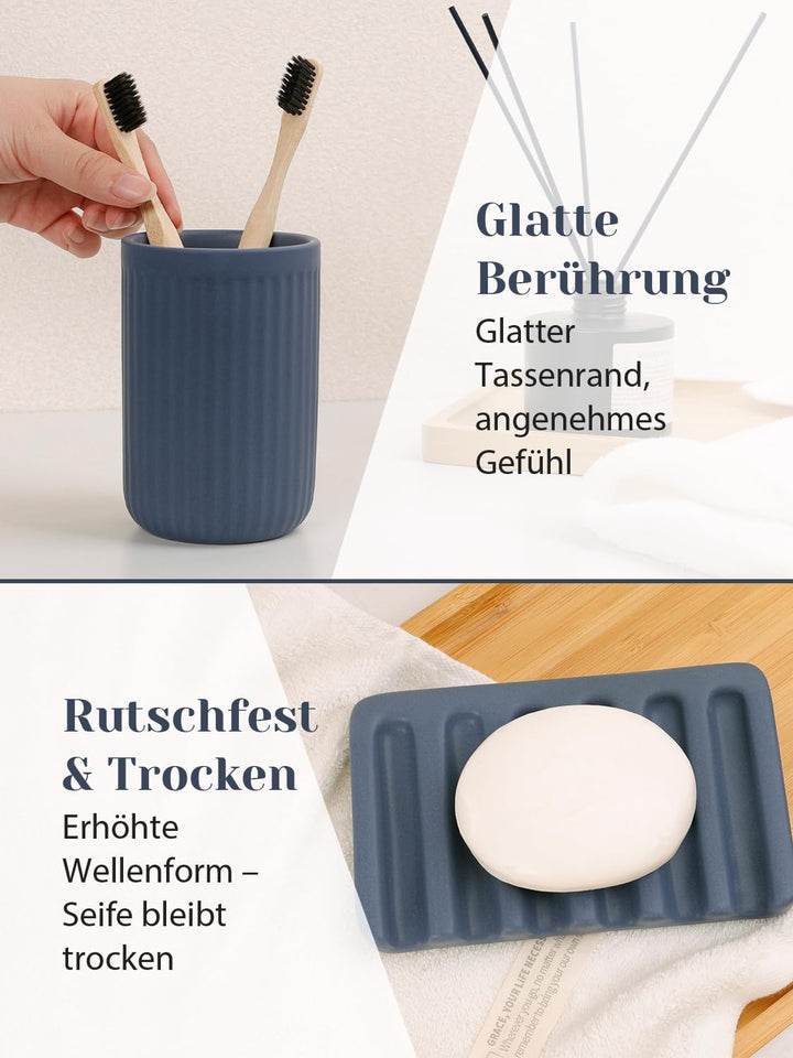 Badezimmer Set Blau, 4-teilig Keramik Bad Zubehör - 350 ml Seifenspender, Zahnputzbecher, Seifenscha